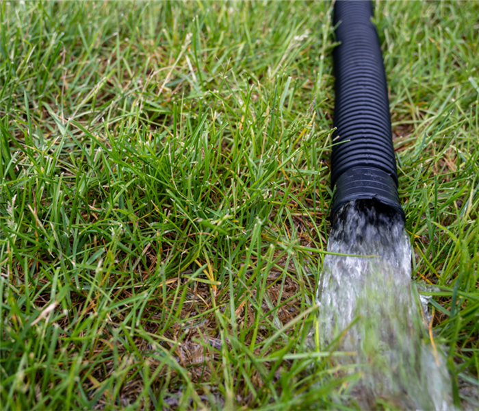 Discharge pipe of a sump pump spraying water into grass