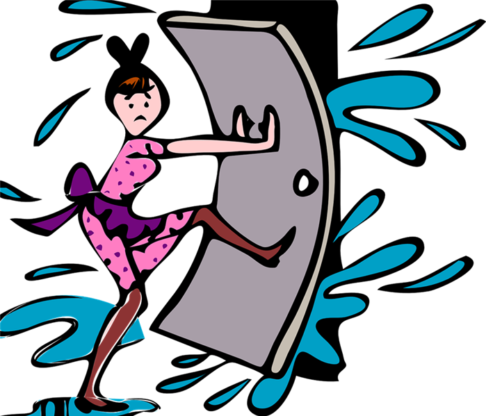 woman holding door with water spilling out of the sides 